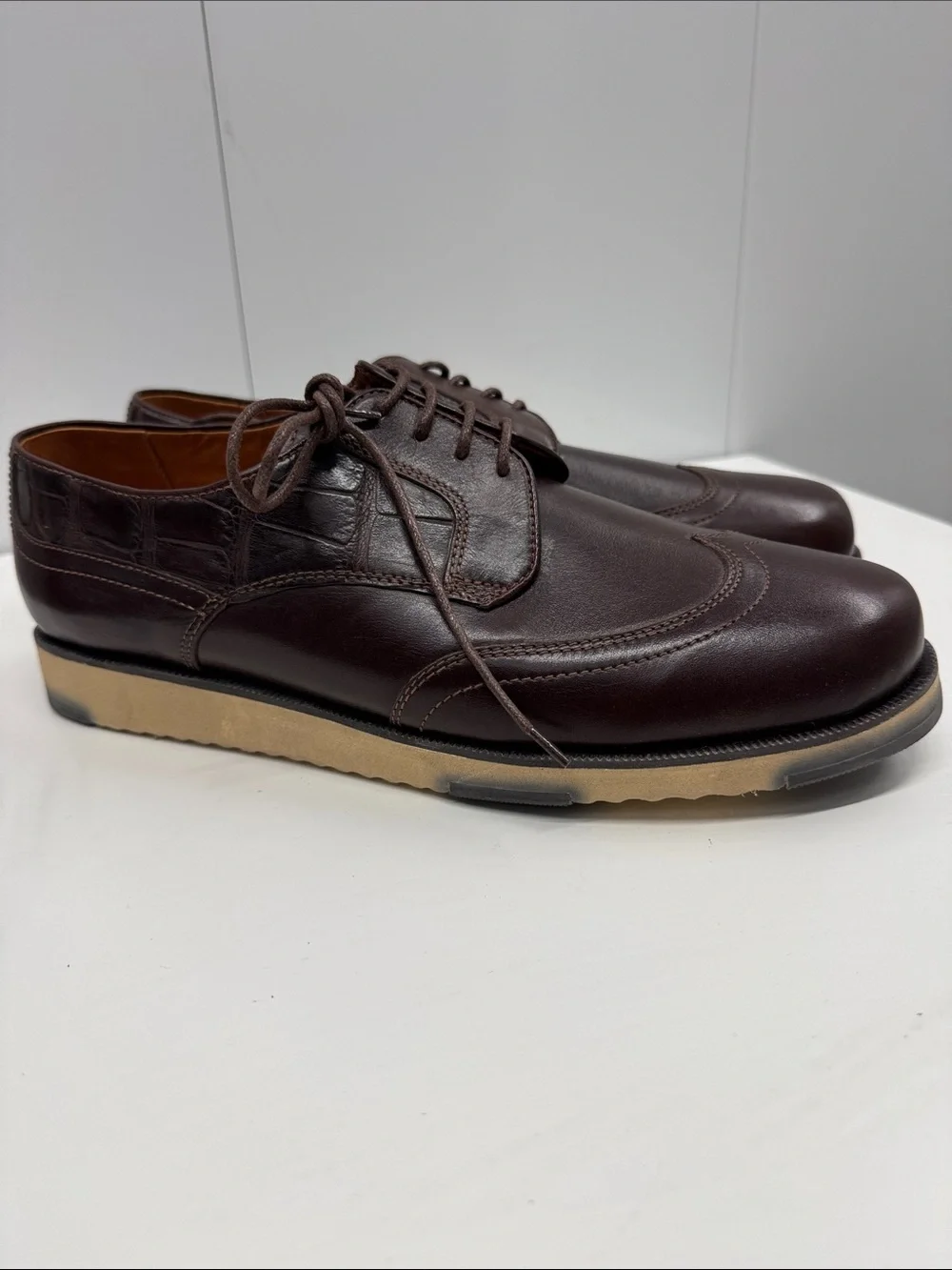 Caporicci real genuine, alligator trim Lace-Up Wingtip Derby - Dark Brown